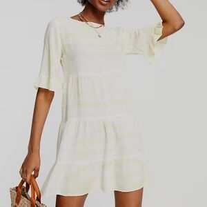 Asos Influence Yellow/White  Mini SunDress with Crew Neck and Short Ruffle Sleev